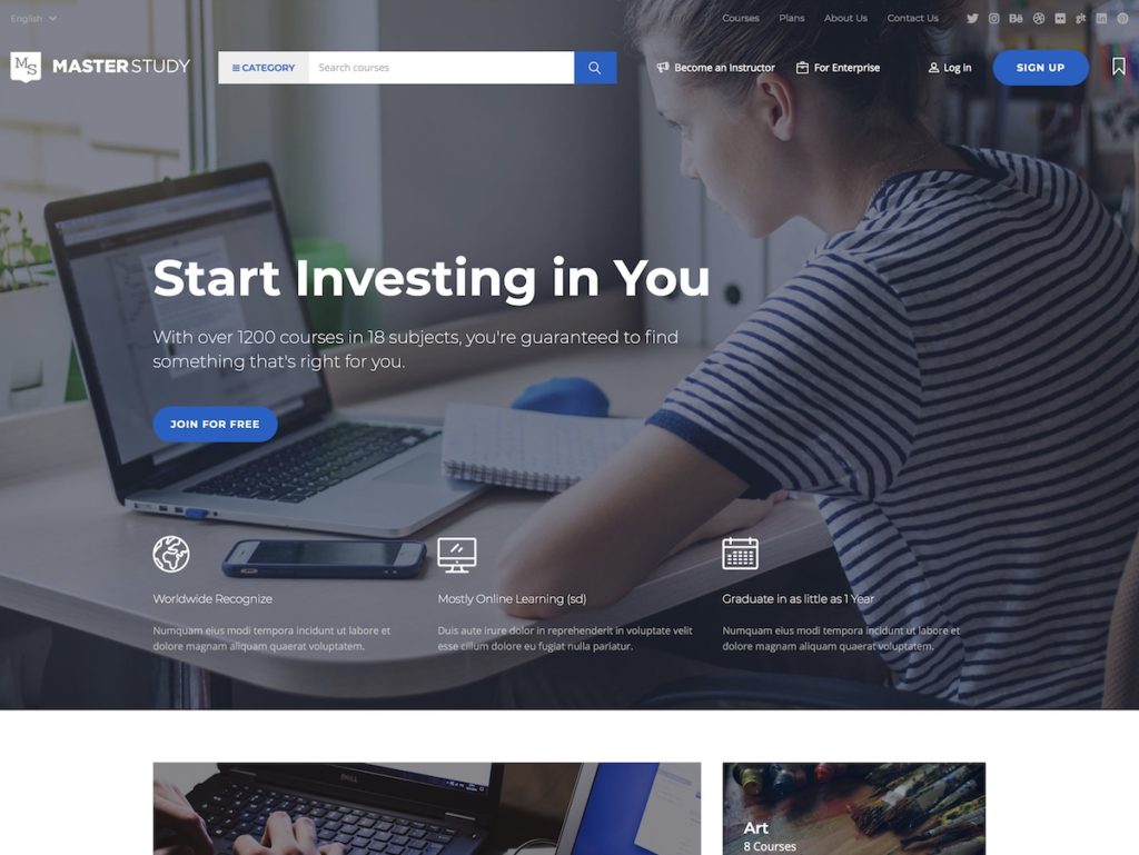 online learning platform master study theme home page above the fold screenshot