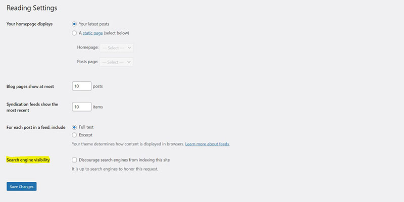 wordpress search indexing settings from admin dashboard screenshot