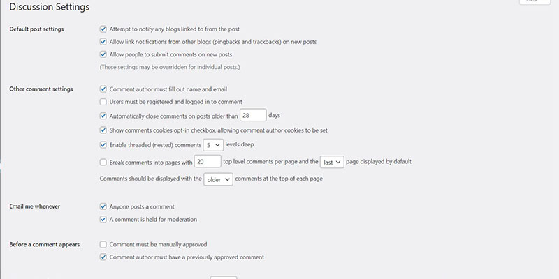 enable or disable comments settings on a wordpress admin dashboard