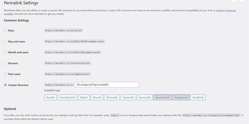 permalinks settings from wordpress admin dashboard