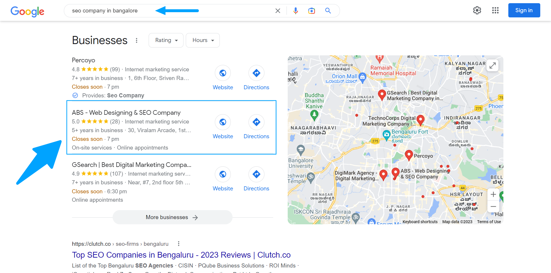 rank 1 google local pack top results seo company in bangalore Google Search