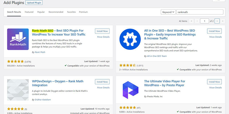 rankmath seo plugin installation screenshot