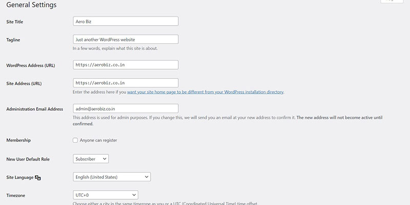 wordpress dashboard admin email change in general settings screenshot 